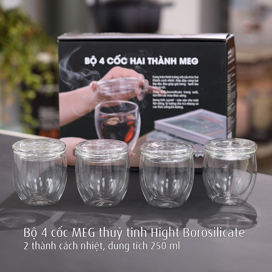 Bộ 4 cốc MEG thuỷ tinh Hight Borosilicate 2 thành cách nhiệt