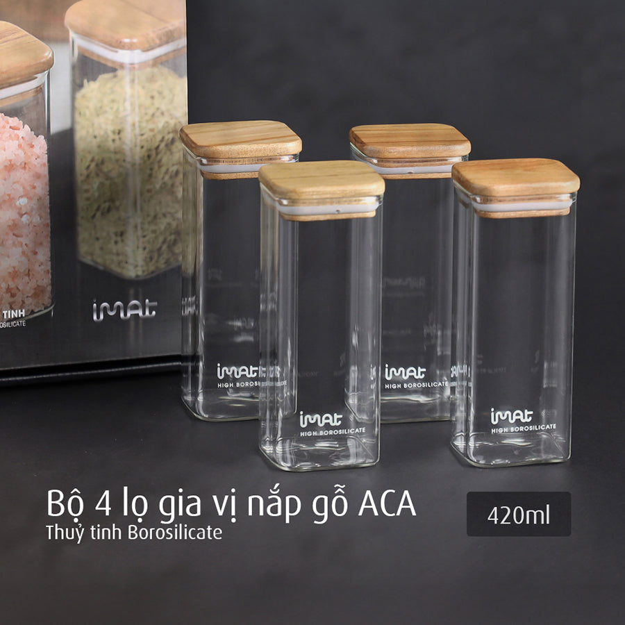 Bộ 4 lọ gia vị thuỷ tinh borosilicate ACA 420ml, nắp gỗ