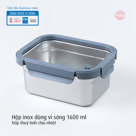 Hộp inox dùng vi sóng, nắp thuỷ tinh các cỡ : 600ml, 800ml, 1L, 1,2L, 1,6L và 2L
