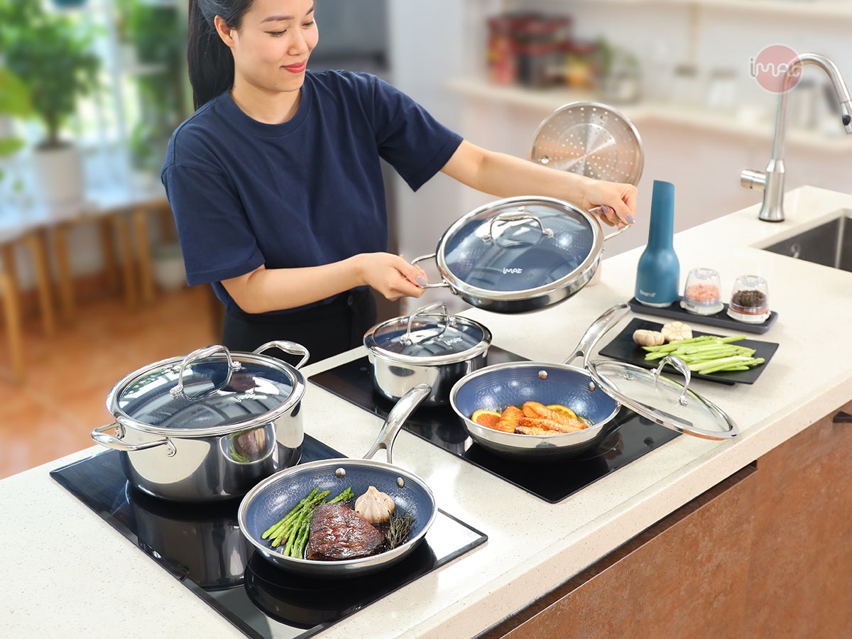 Bộ 5 nồi chảo iMat Hybrid tráng gốm xanh