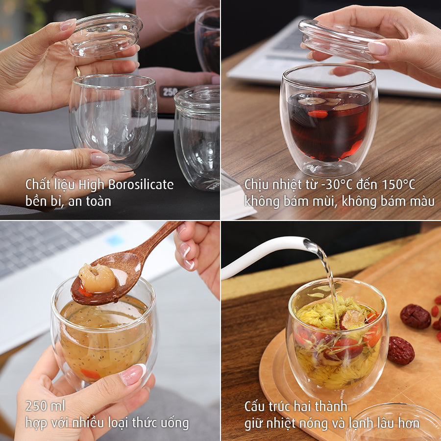 Bộ 4 cốc MEG thuỷ tinh Hight Borosilicate 2 thành cách nhiệt