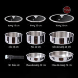 Bộ nồi chảo iNox cán rời 9 món - Không phủ lớp chống dính