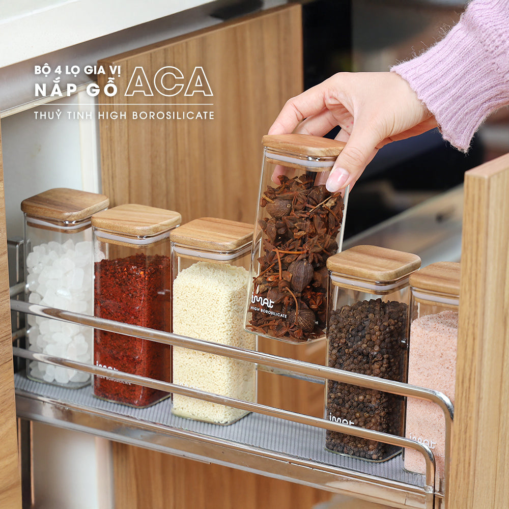 Bộ 4 lọ gia vị thuỷ tinh borosilicate ACA 420ml, nắp gỗ