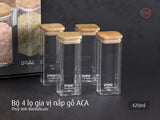Bộ 4 lọ gia vị thuỷ tinh borosilicate ACA 420ml, nắp gỗ