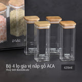 Bộ 4 lọ gia vị thuỷ tinh borosilicate ACA 420ml, nắp gỗ