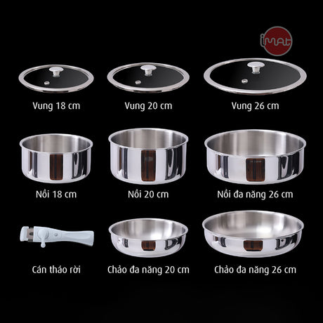 Bộ nồi chảo iNox cán rời 9 món - Không phủ lớp chống dính