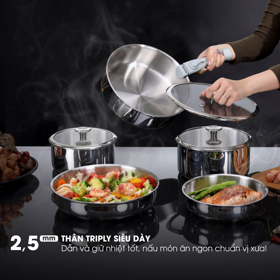 Bộ nồi chảo iNox cán rời 9 món - Không phủ lớp chống dính