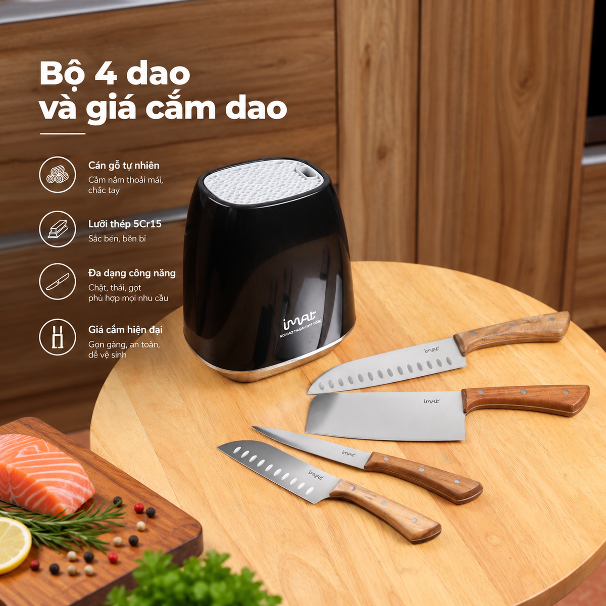 Bộ 4 dao cán gỗ kèm giá cắm dao NAT