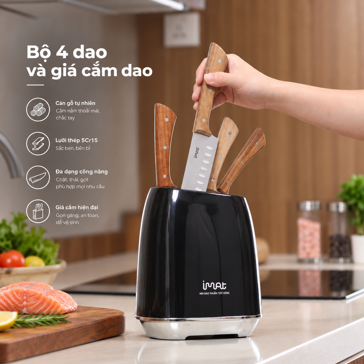 Bộ 4 dao cán gỗ kèm giá cắm dao NAT
