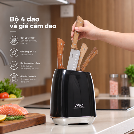 Bộ 4 dao cán gỗ kèm giá cắm dao NAT