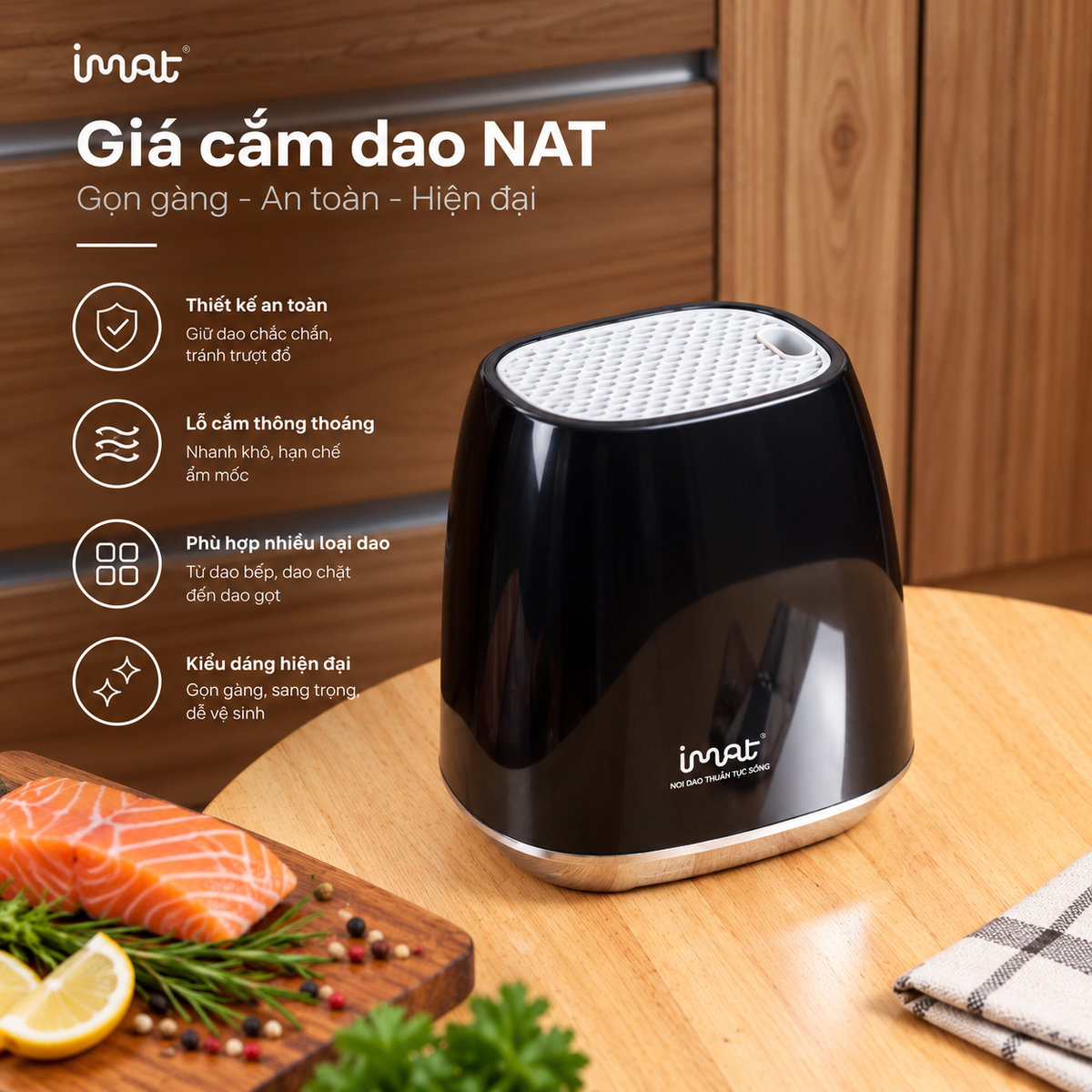 Bộ 4 dao cán gỗ kèm giá cắm dao NAT